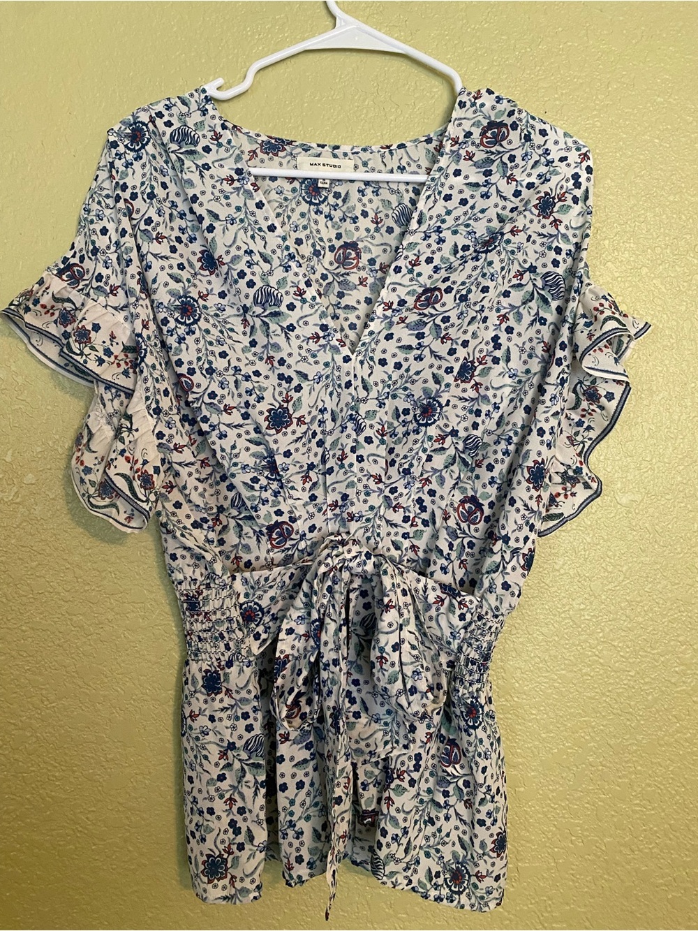 Max Studio White Floral Print Tie-Waist Ruffle Sleeve Top